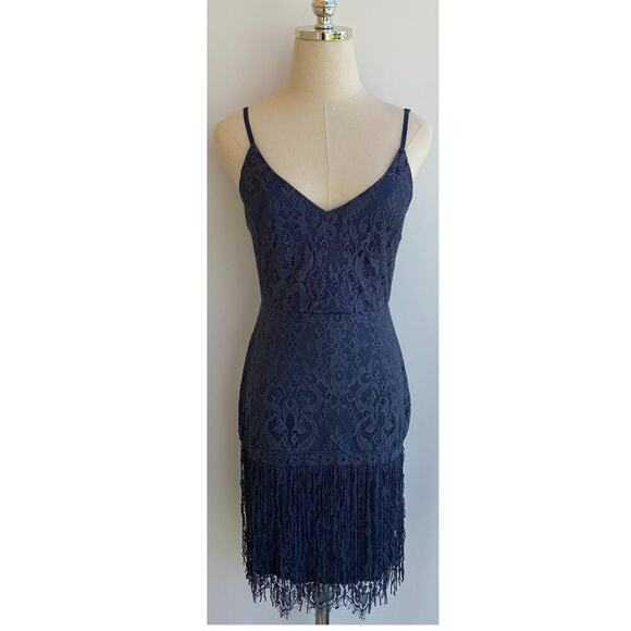 NWT Two Sisters The Label SHIMMY Mini DRESS STEEL BLUE Tassel Hem V Neck US 2 XS - Picture 2 of 8